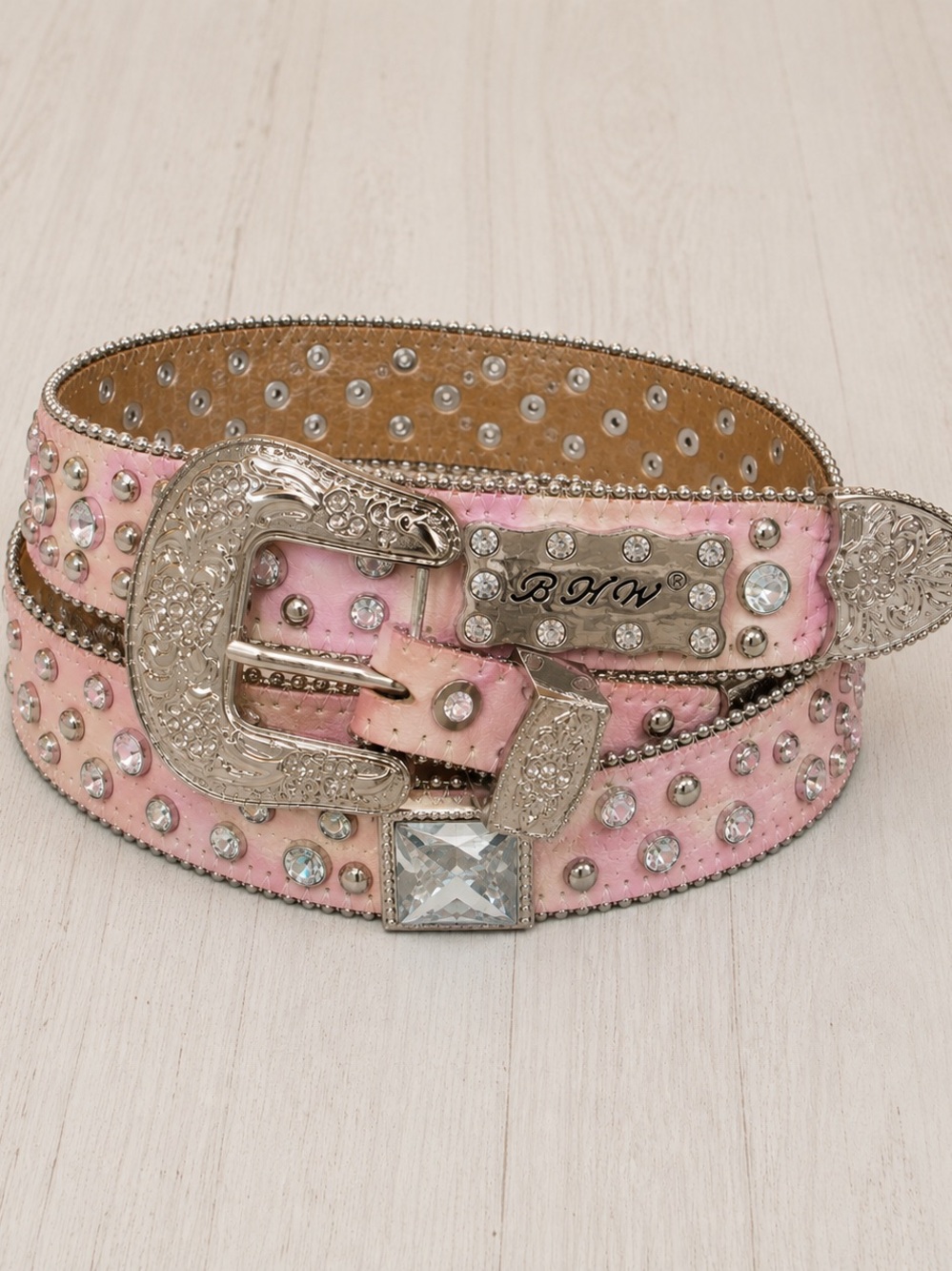 BHW Pink Rhinestone Studded Western Y2K Leather Belt